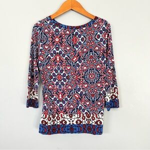Ruby Rd. White Blue Red 3/4 Sleeve Printed Blouse Petite Small